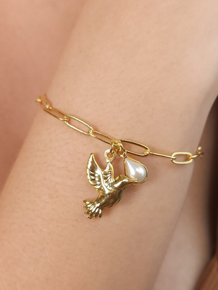 Pulseira elos grumet com pássaro e pérola pêdulo