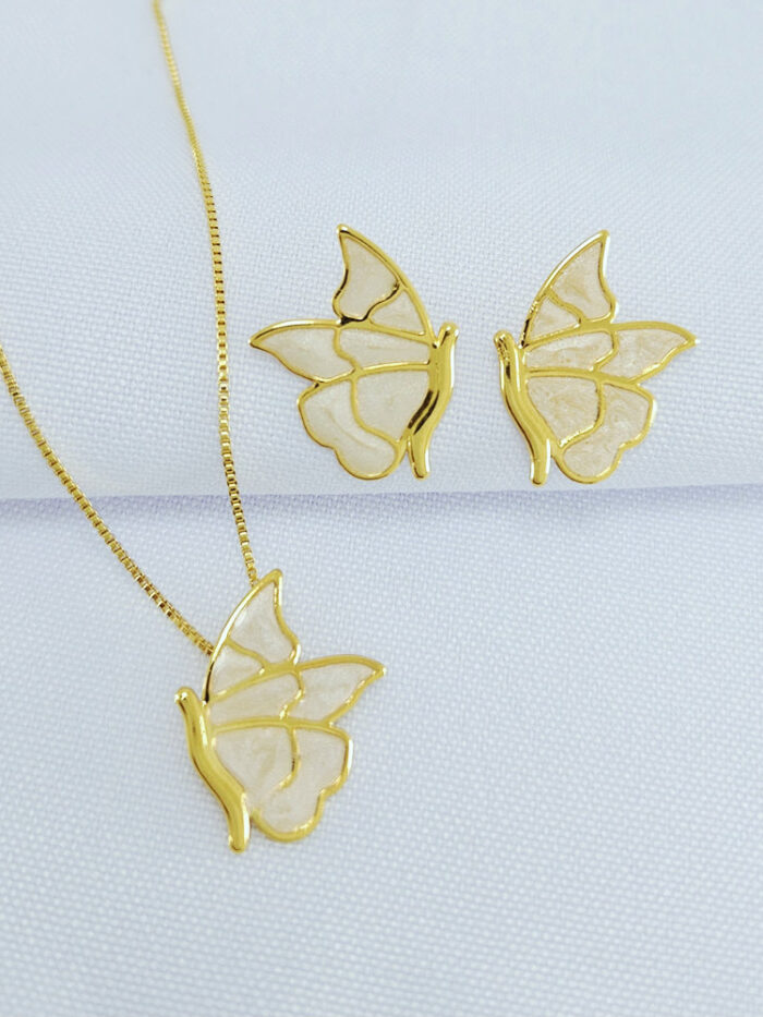 Conjunto borboleta esmaltada cintilante