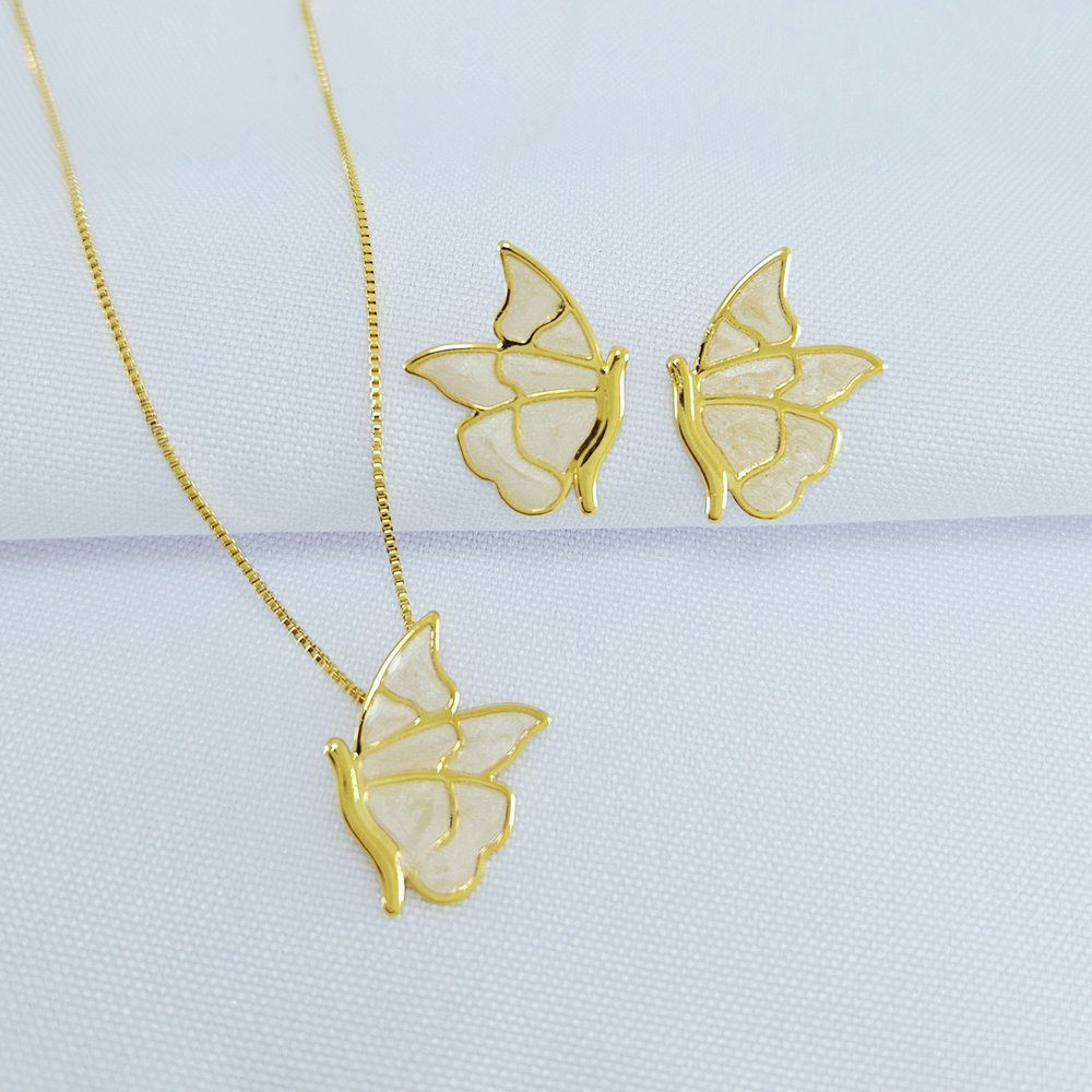 Conjunto borboleta esmaltada cintilante