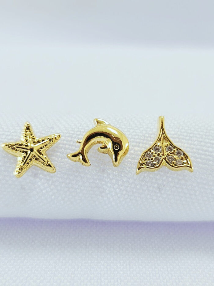Trio de brinco estrela golfinho e calda de sereia cravejado