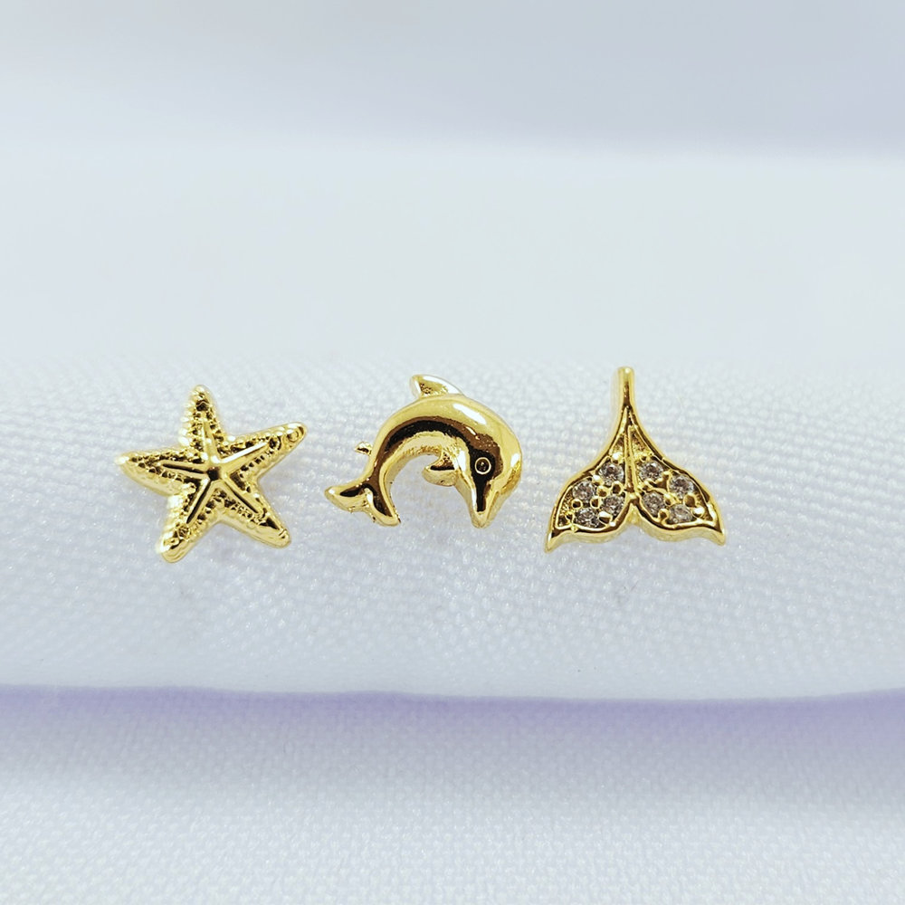 Trio de brinco estrela golfinho e calda de sereia cravejado