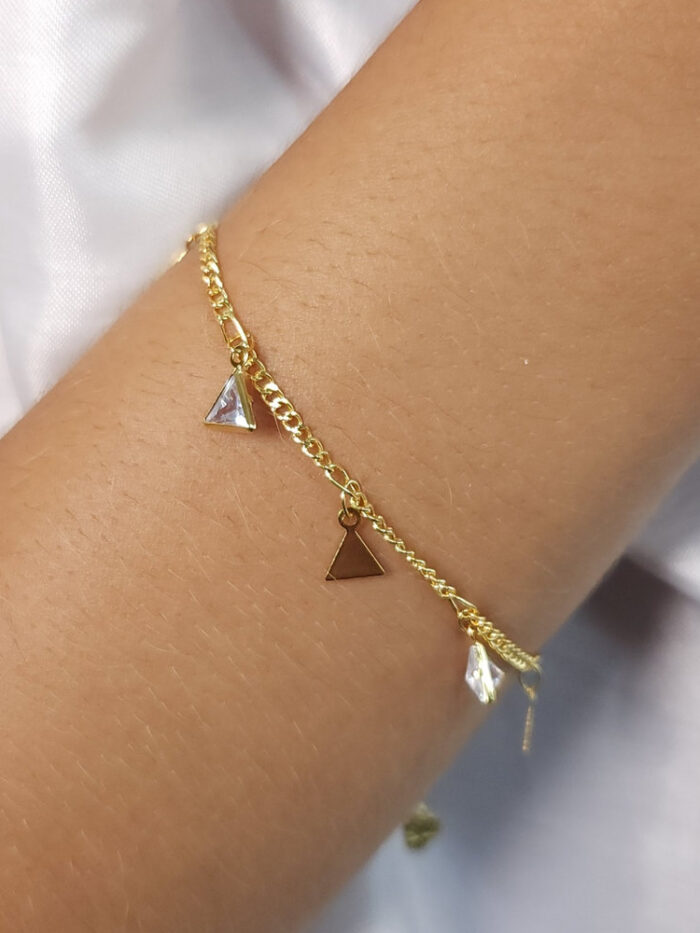 Pulseira singapura com triângulo cristal e liso