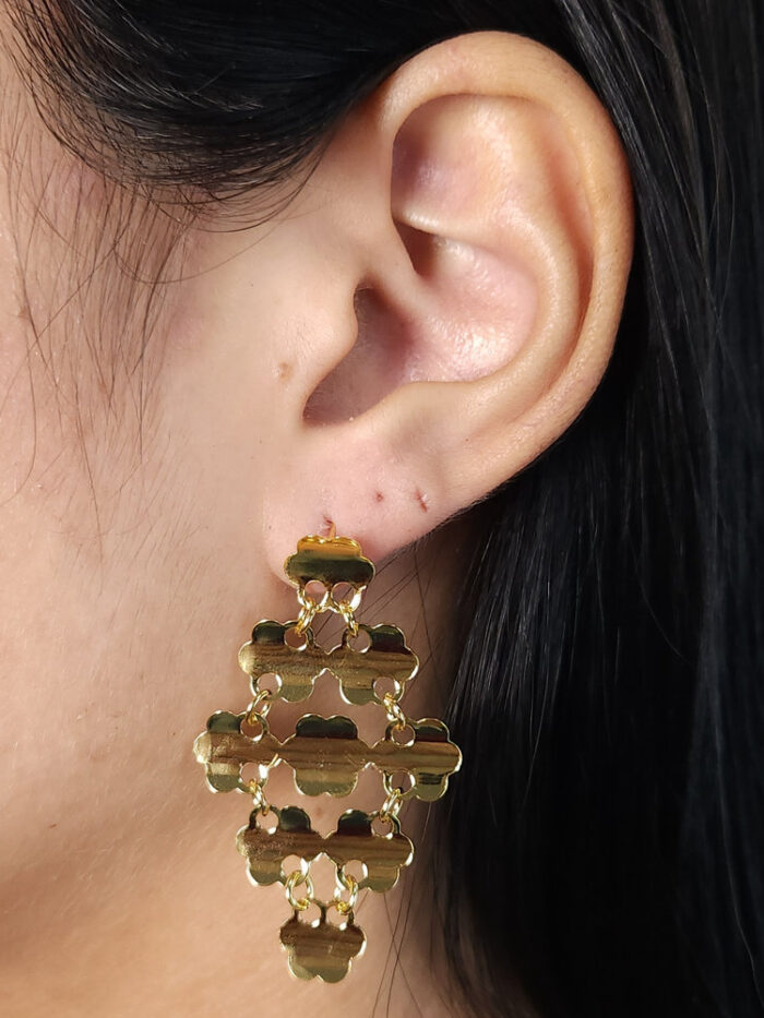 Brinco triângular detalhe flores chapeadas