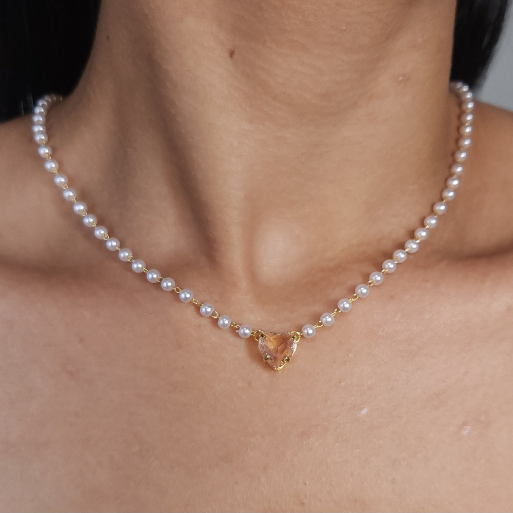 Gargantilha pérola com pingente coração cristal - Imagem 2