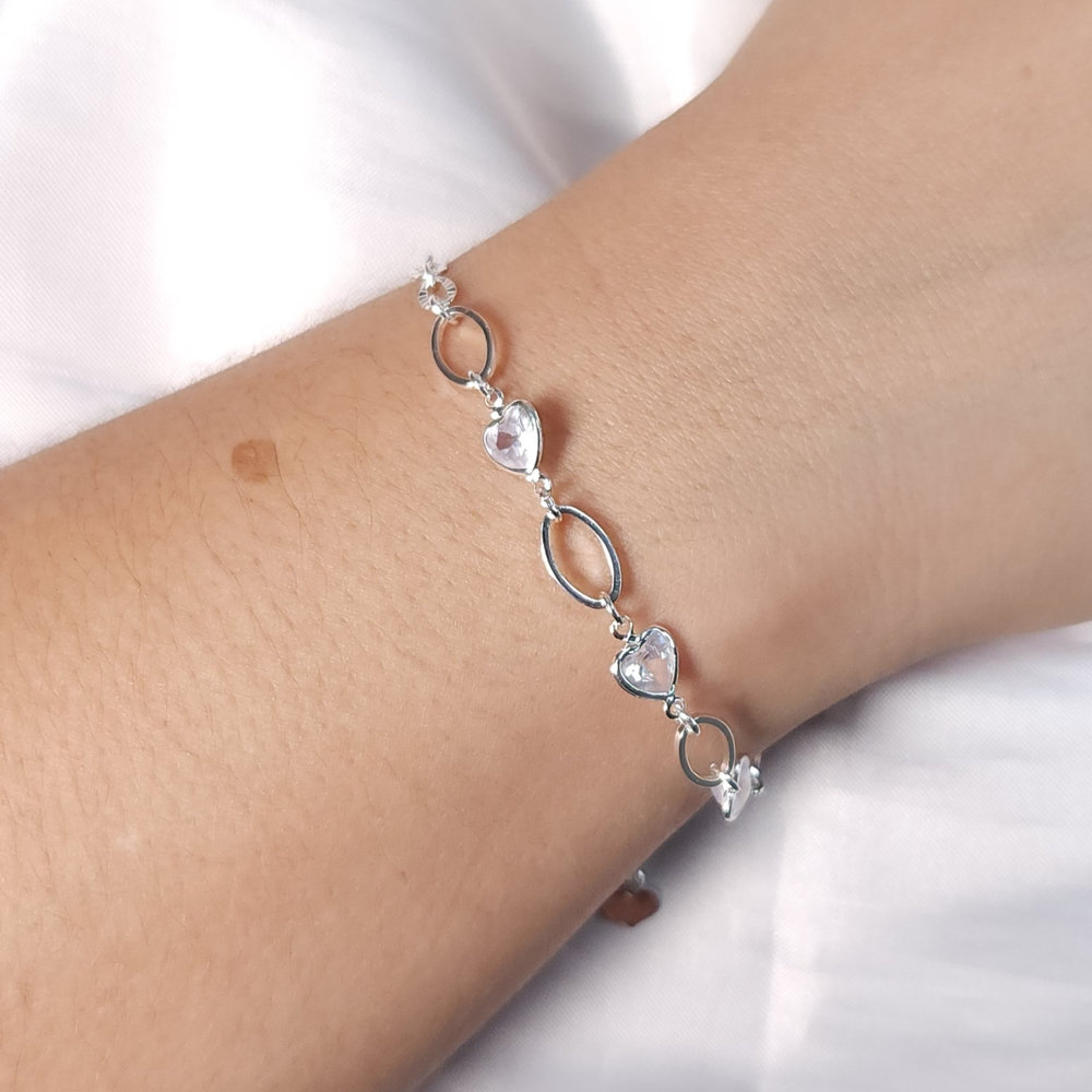 Pulseira elos ovais com pedra coração cristal