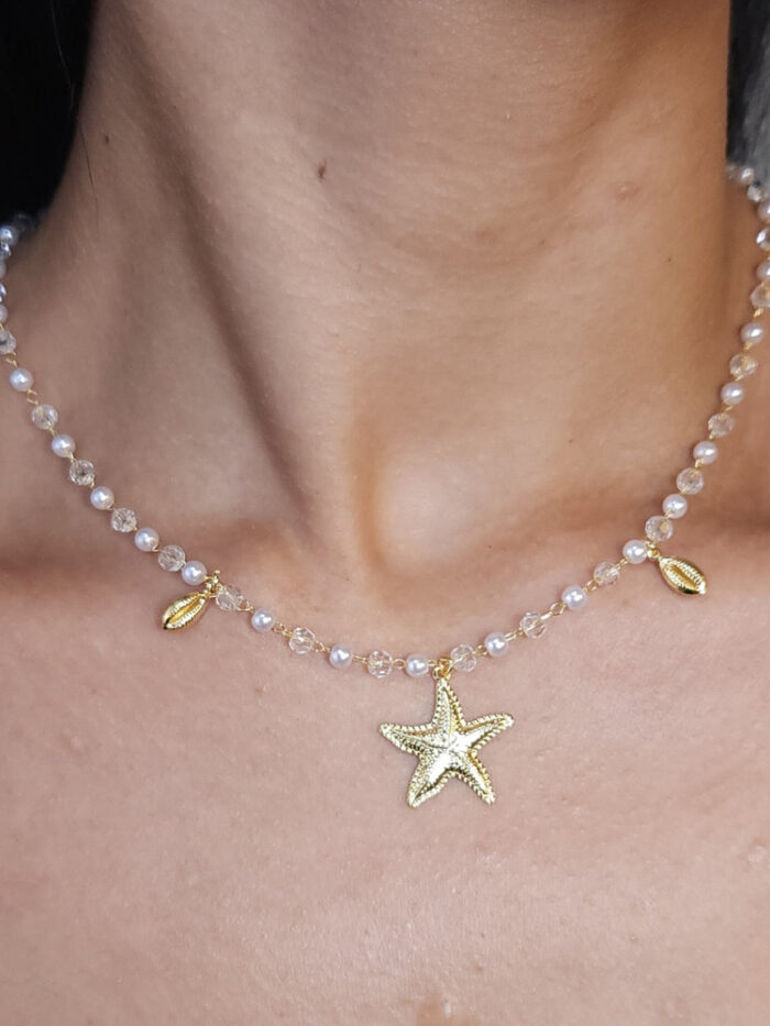 Gargantilha pérola com pedras de cristal,búzios e pingente estrela do mar