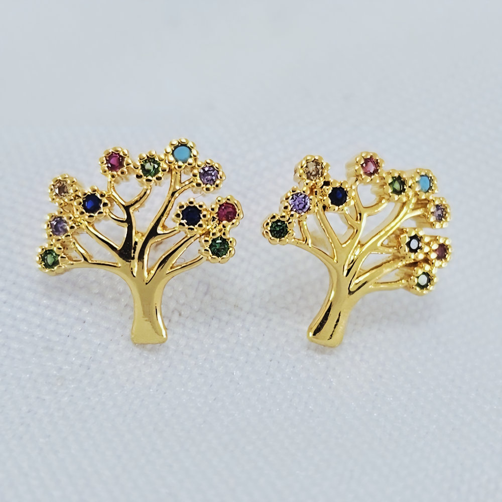 Brinco árvore da vida pedras coloridas