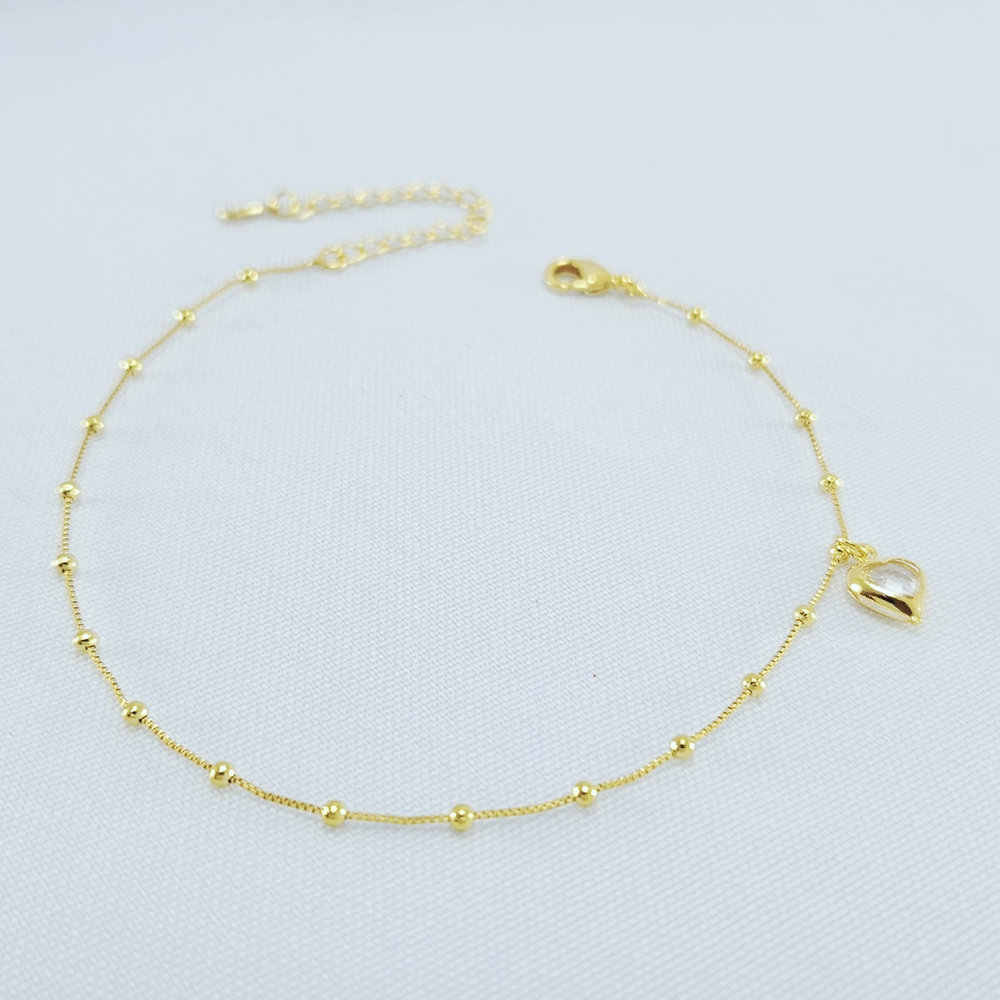 Tornozeleira veneziana com bolinhas pêndulo coração cristal