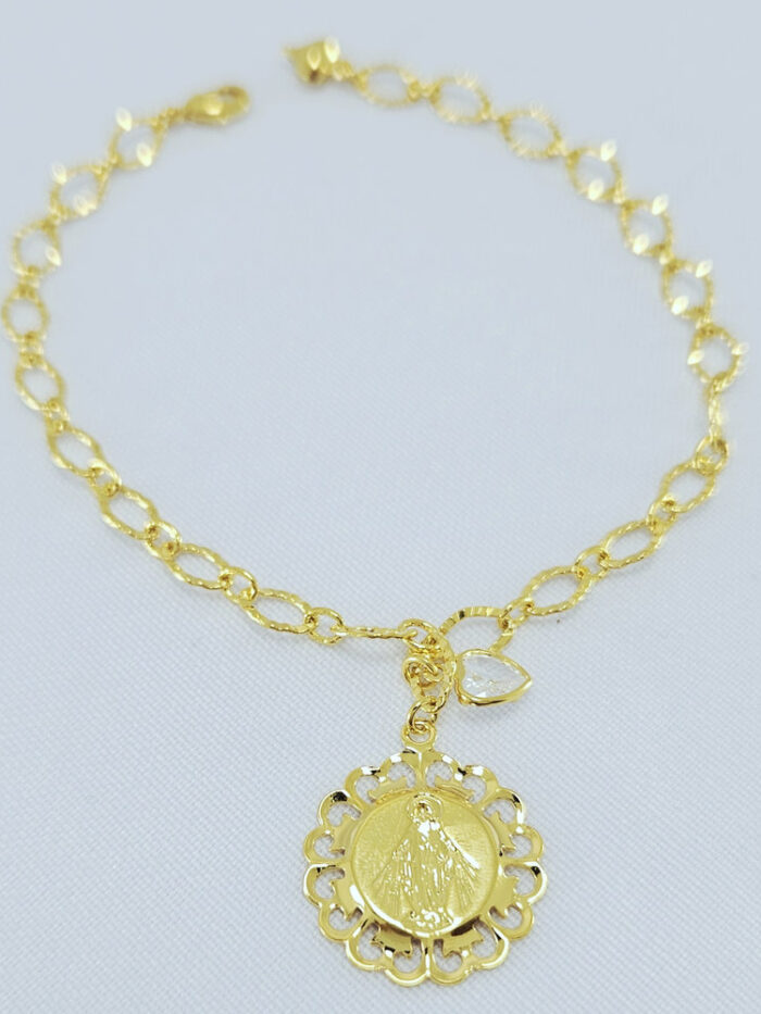 Pulseira detalhe coração cristal e N.S das Graças