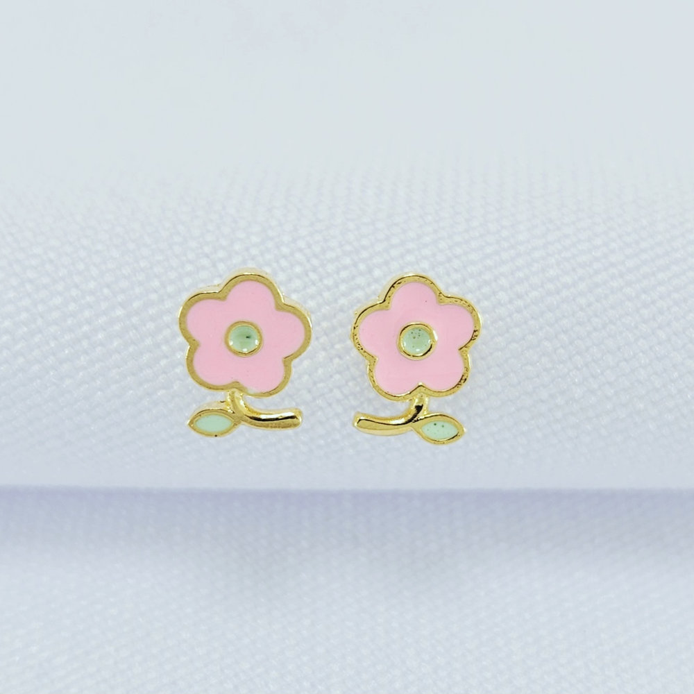 Brinco infantil flor rosa esmaltado