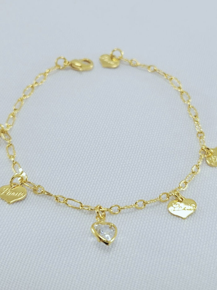 Pulseira infantil corações chapeados e cristal pêndulo