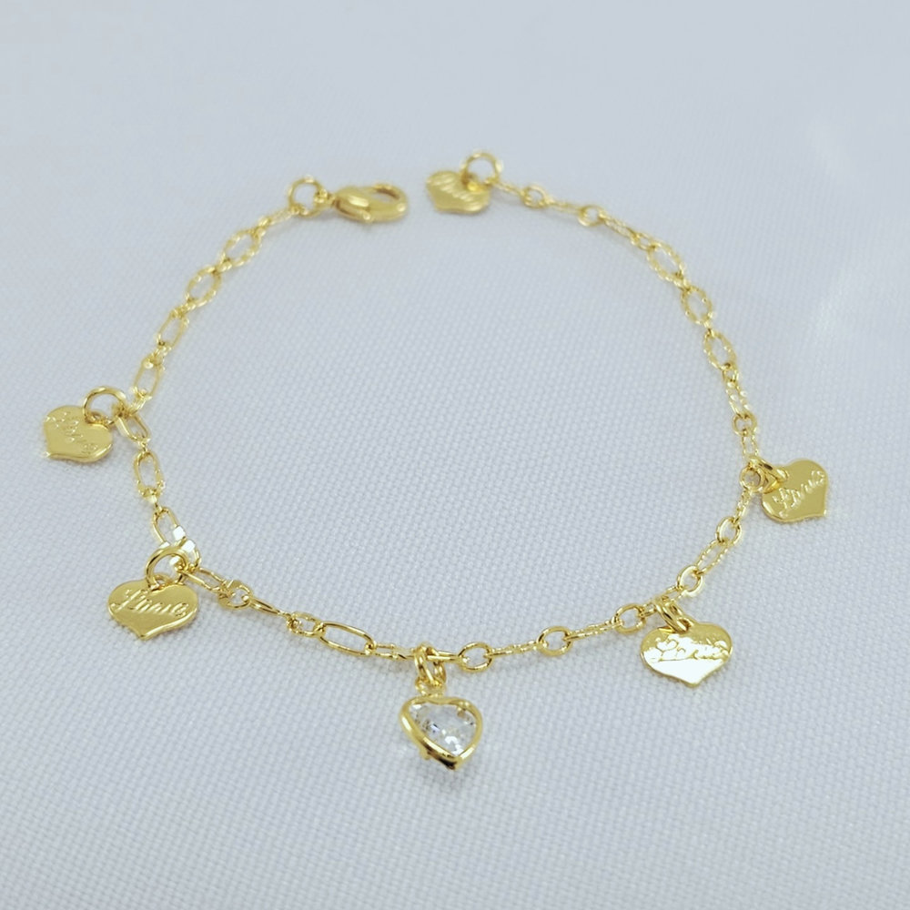 Pulseira infantil corações chapeados e cristal pêndulo