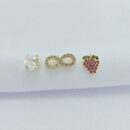 Trio de brincos coração,infinito e morango cravejado