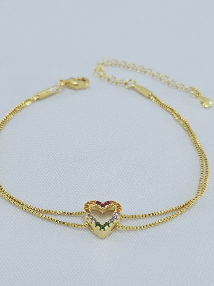 Pulseira coração cravejado fio duplo