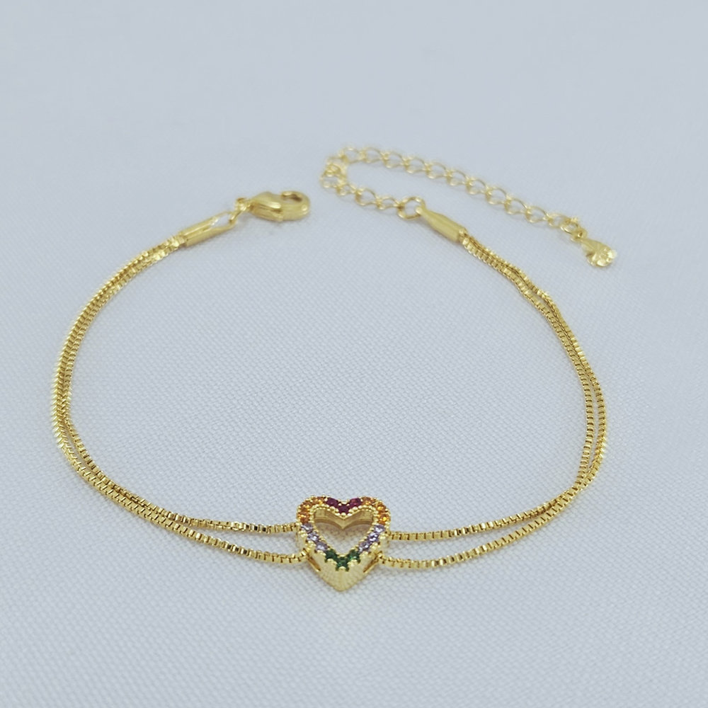 Pulseira coração cravejado fio duplo