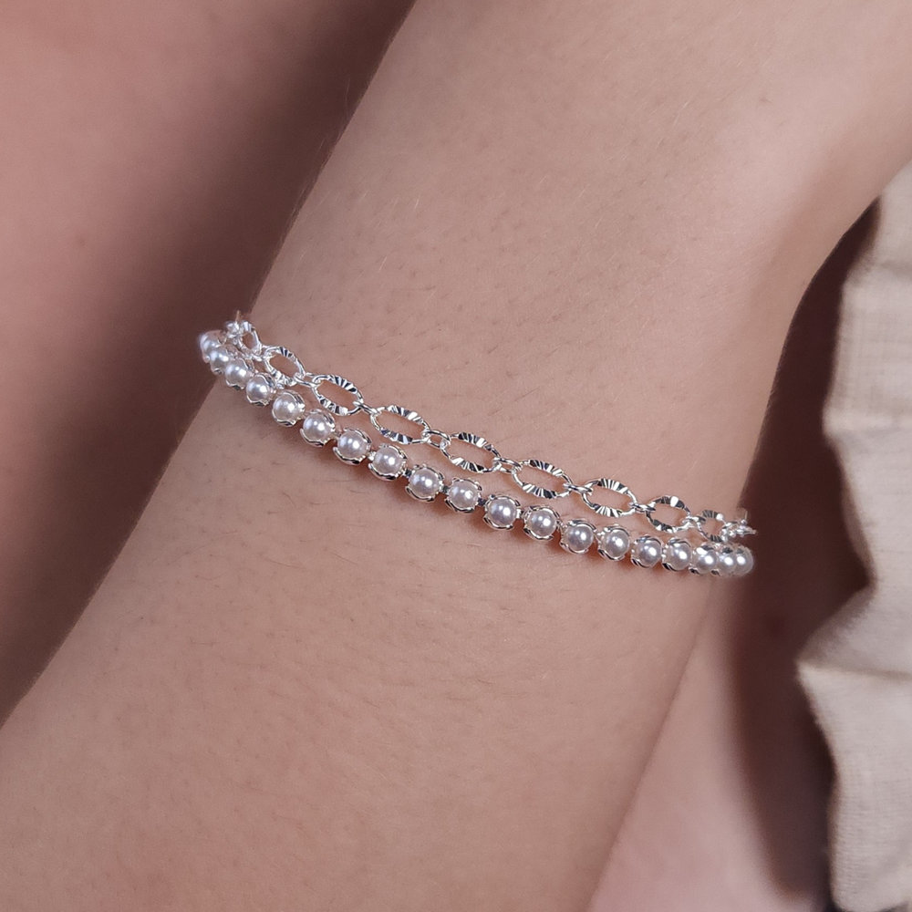 Pulseira dupla elos vazado com pérola
