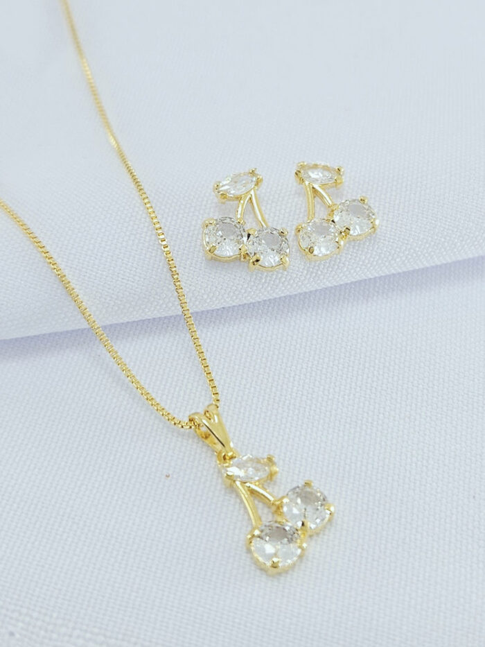 Conjunto estilo cereja com pedras cristais