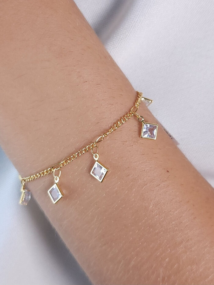 Pulseira pêndulo pedra cristal borda dourada