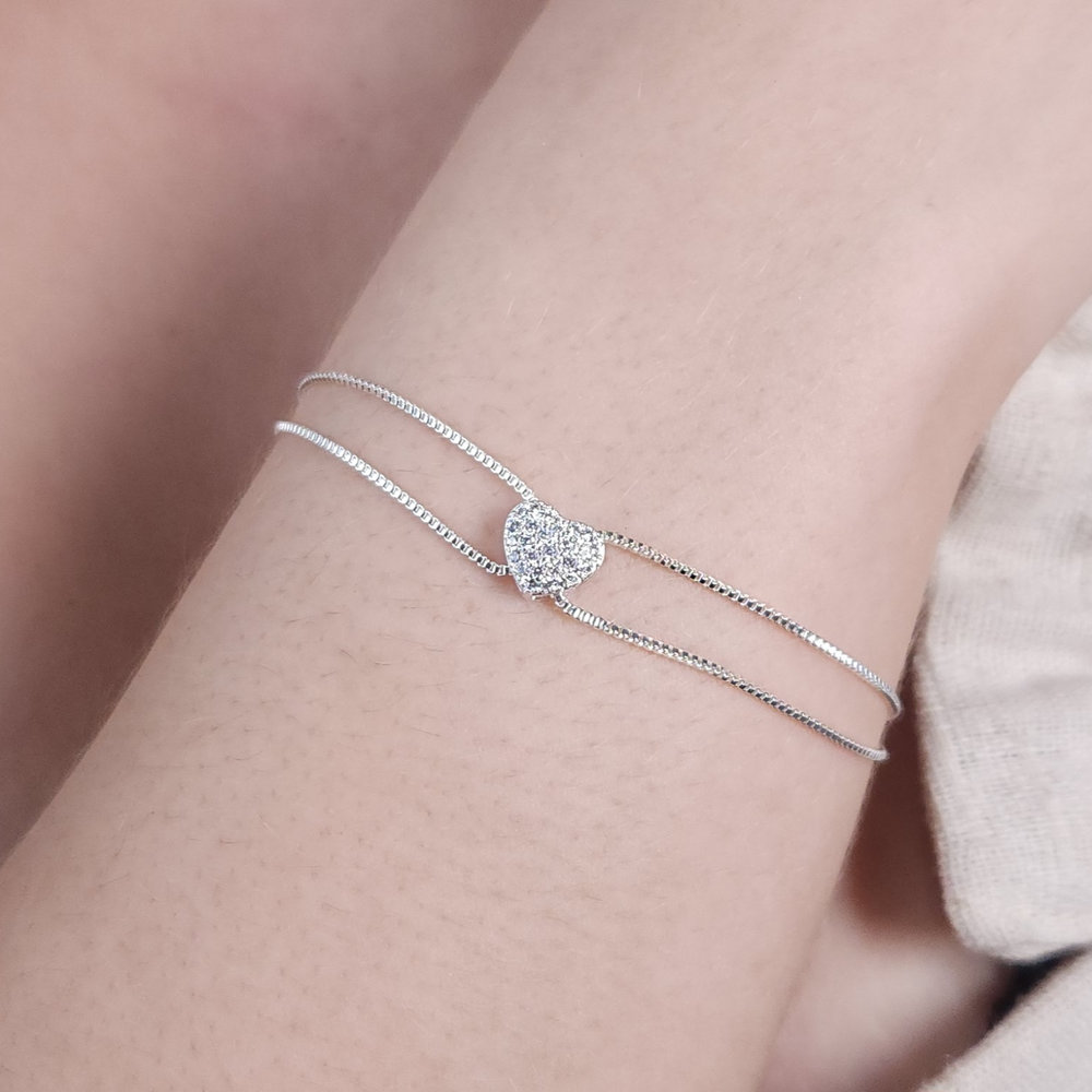 Pulseira dupla coração boleado cravejado