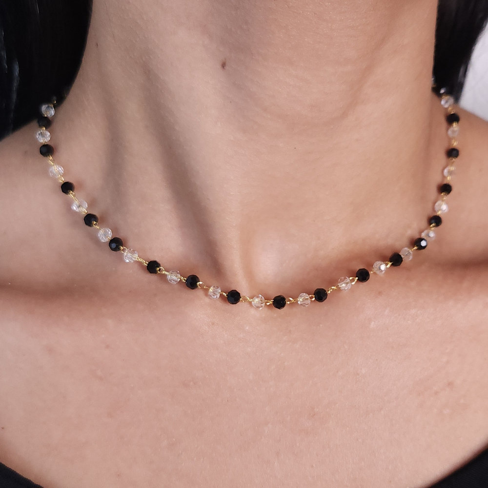 Gargantilha choker bolinhas cristal e preto