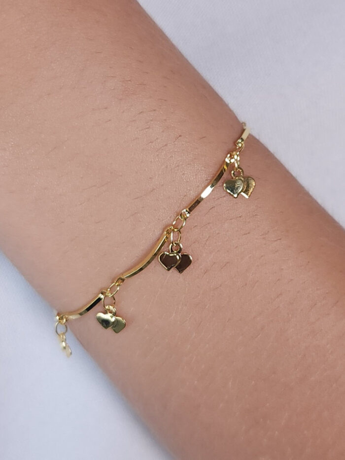 Pulseira caninho com coração duplo pêndulo