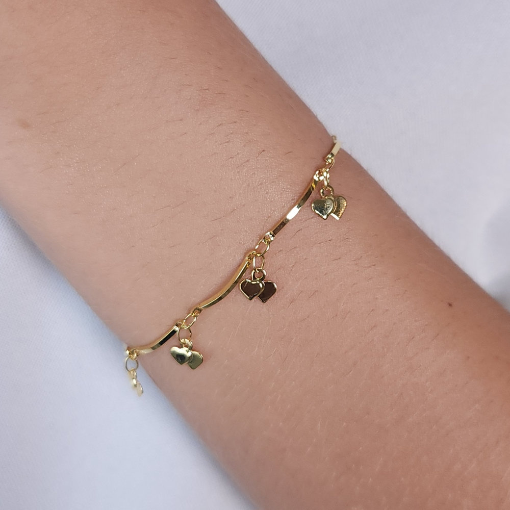 Pulseira caninho com coração duplo pêndulo