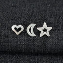 Brinco trio coração com lua e estrela vazado