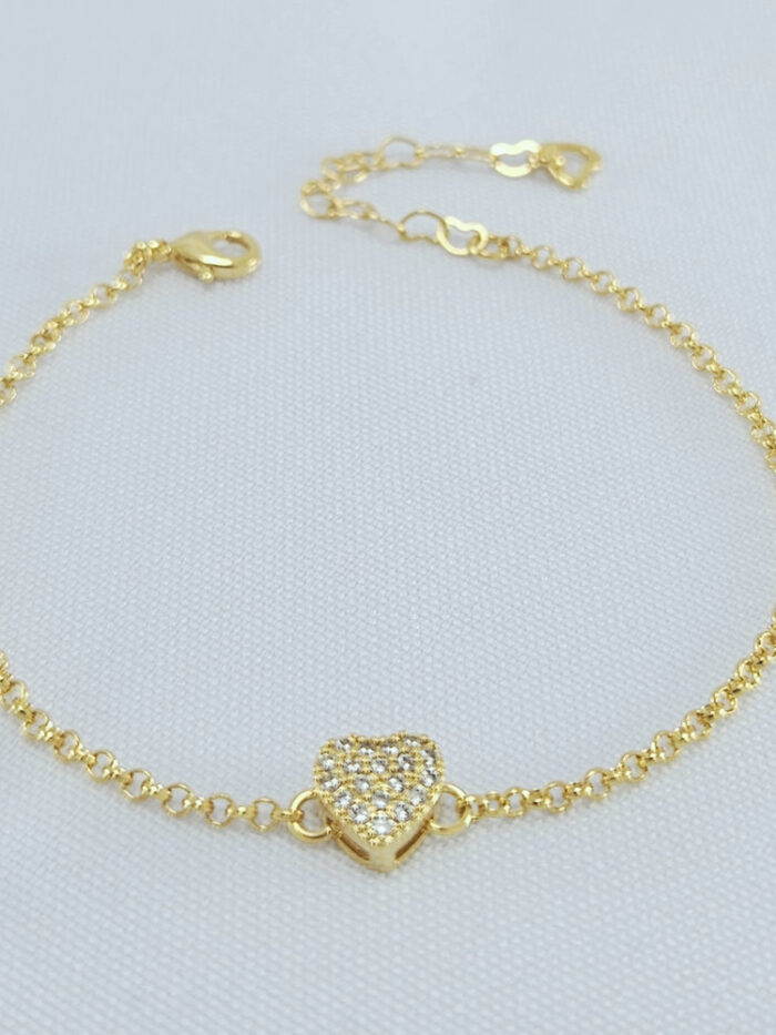 Pulseira elo português com coração cravejado