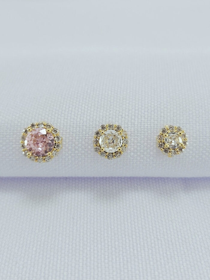 Trio de brincos rosa e cristal borda cravejada