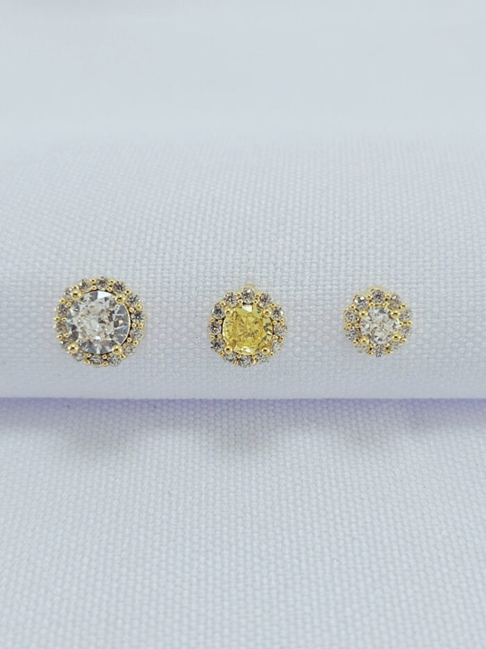 Trio de brincos amarelo e cristal borda cravejada