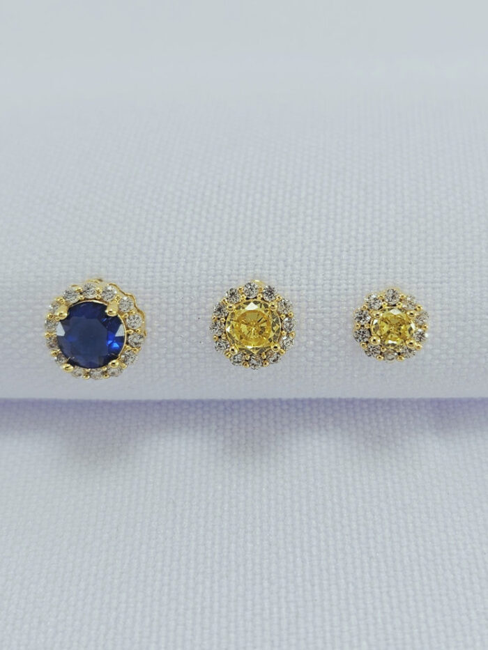 Brinco trio amarelo e azul borda cravejada