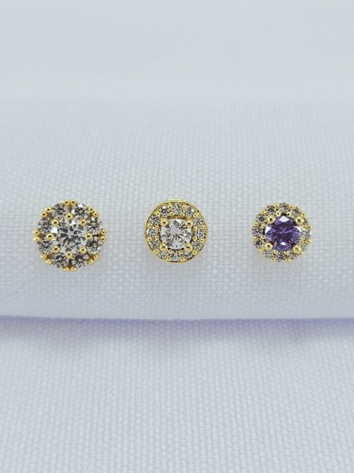 Trio de brincos lilás e cristal borda cravejada