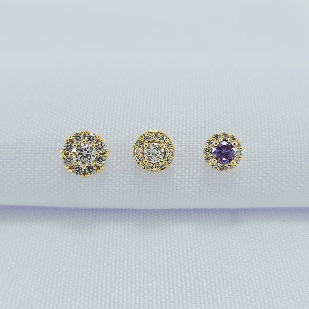 Trio de brincos lilás e cristal borda cravejada