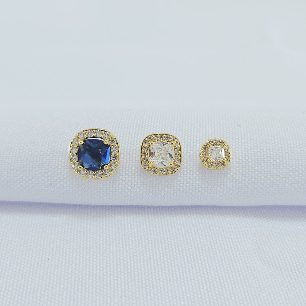 Trio de brincos cristal e azul borda cravejada