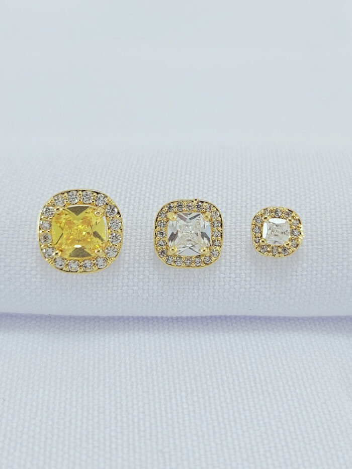 Trio de brincos cristal e amarelo borda cravejada