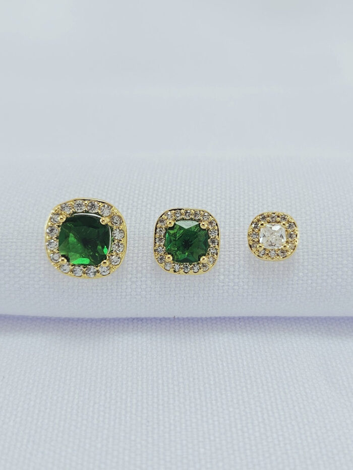 Trio de brincos cristal e verde borda cravejada