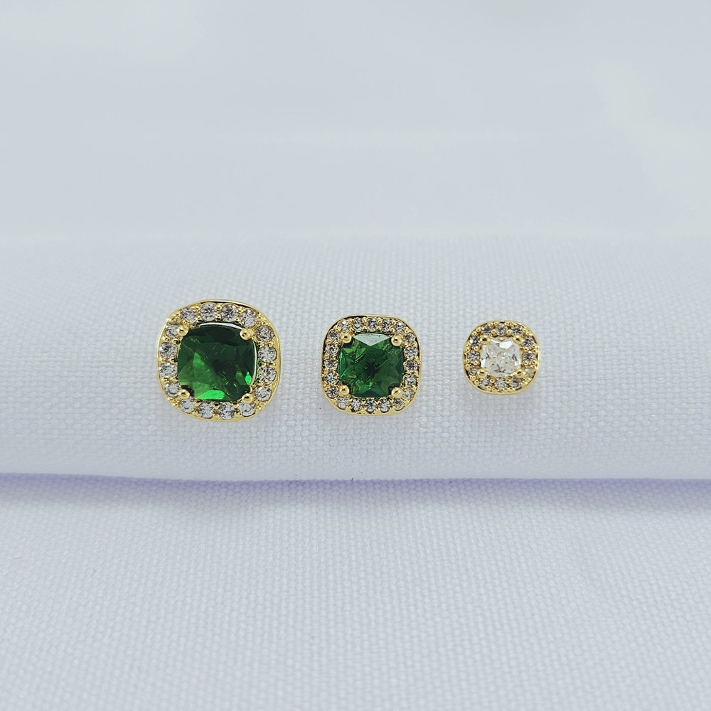 Trio de brincos cristal e verde borda cravejada