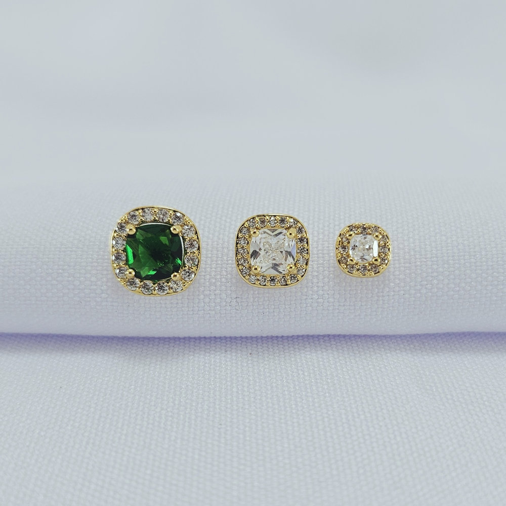 Trio de brincos cristal e verde borda cravejada - Imagem 2