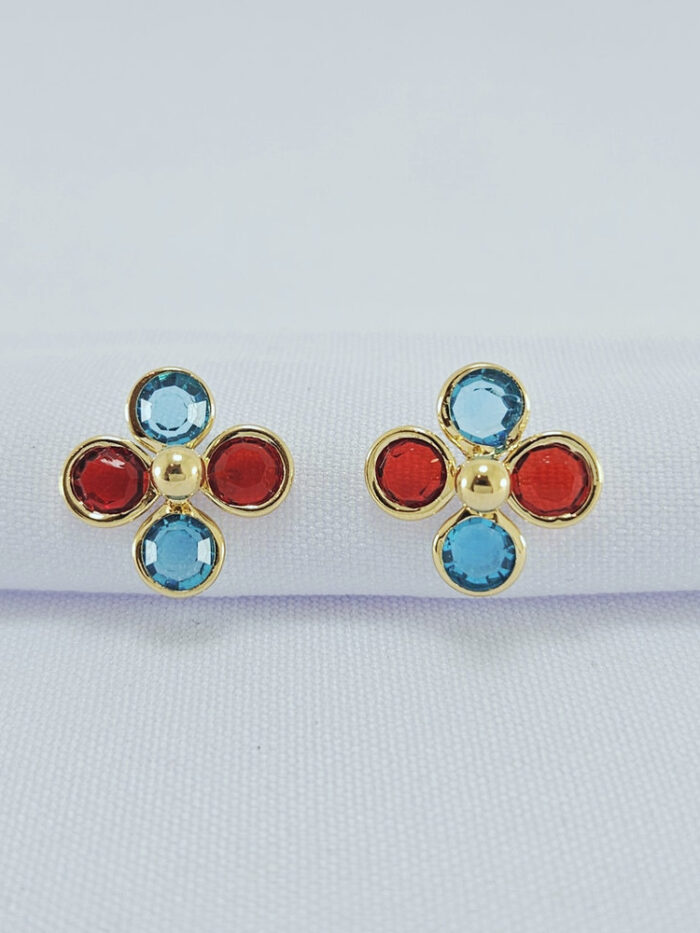 Brinco flor pedra azul com vermelho