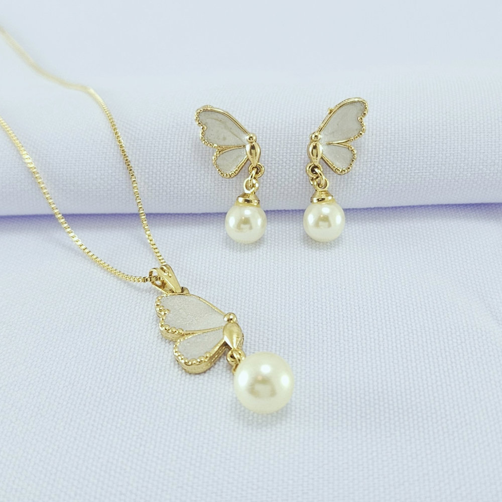 Conjunto borboleta resinado madre pérola