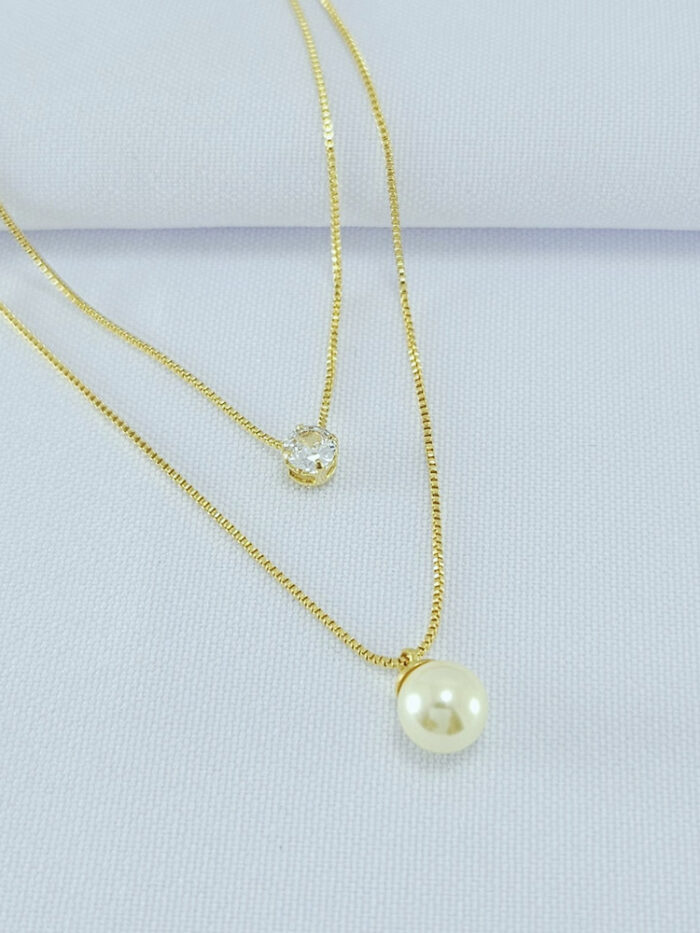 Gargantilha dupla pérola com ponto de luz