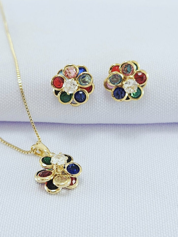 Conjunto flor colorida com ponto de luz