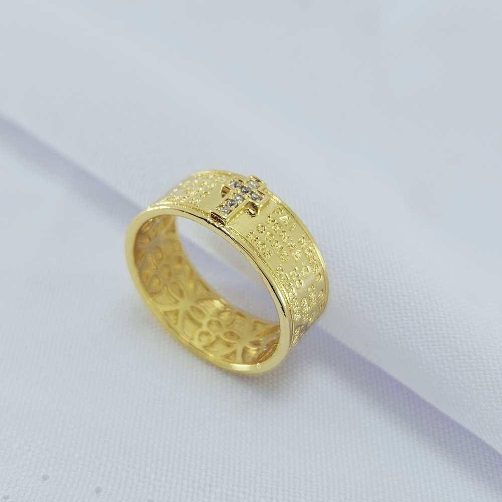 Anel detalhe oração Pai Nosso com cruz cravejada