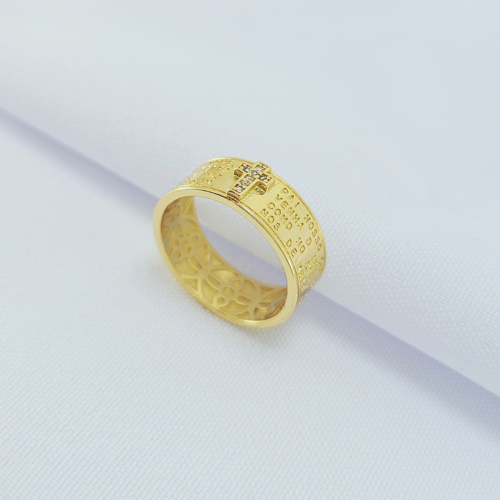 Anel oração pai nosso detalhe cruz cravejado