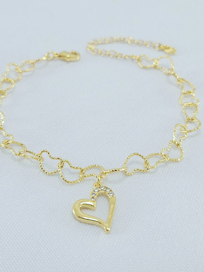Pulseira elos coração vazado detalhe pedra