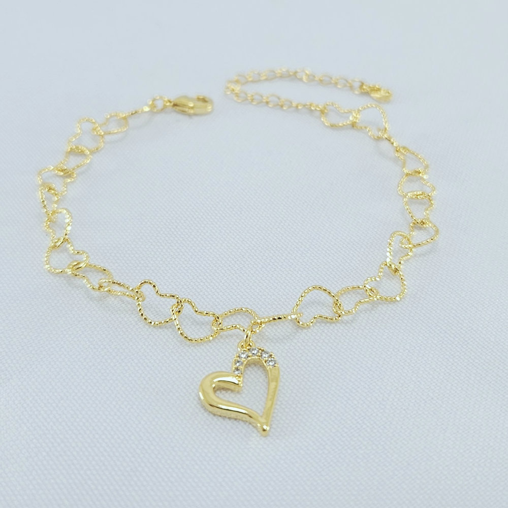 Pulseira elos coração vazado detalhe pedra