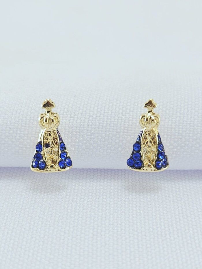 Brinco nossa senhora aparecida detalhe zicônia azul