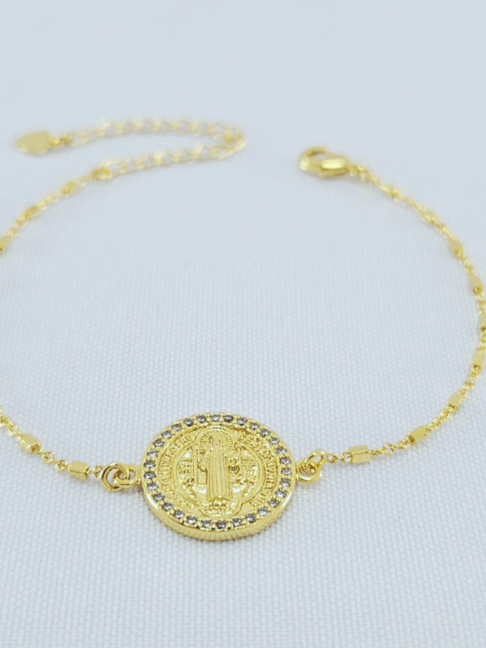 Pulseira medalha São bento borda cravejada