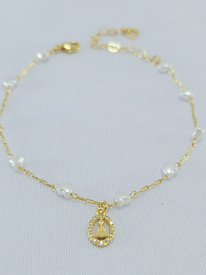 Pulseira pérola coração com medalha N.S Aparecida